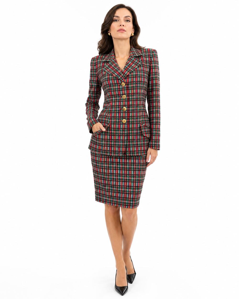Vintage 90s David Hayes Red Plaid Silk Skirt Suit | Designer Luxury | Small